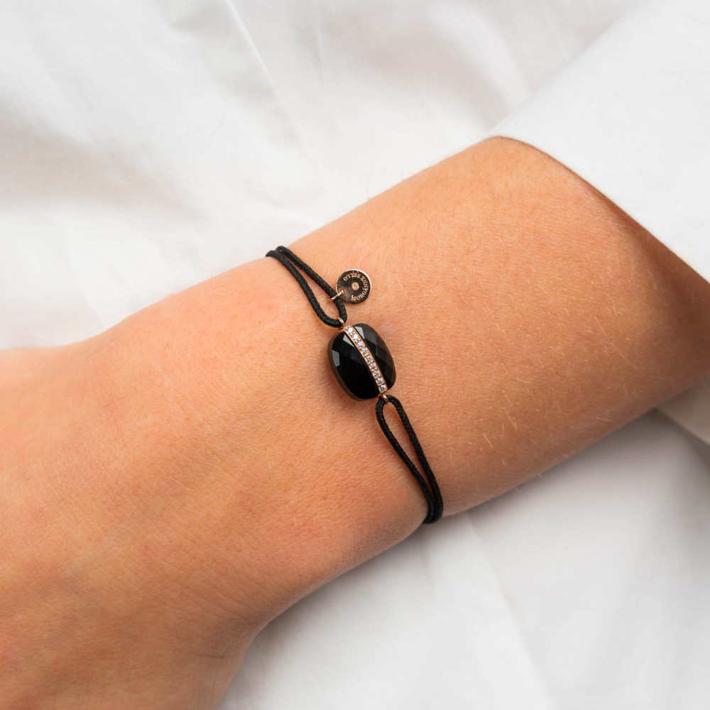 Morgane Bello - BLACK ONYX CUSHION AND DIAMONDS ROSE GOLD AND BLACK CORD AURORE BRACELET