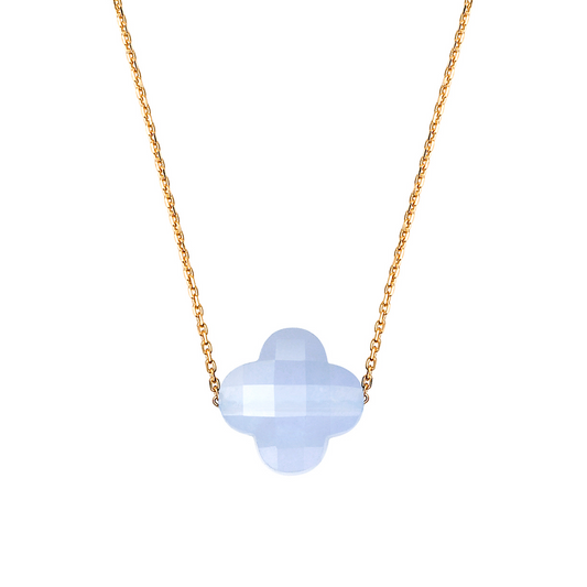 Morganne Bello - BLUE LACE AGATE CLOVER YELLOW GOLD NECKLACE