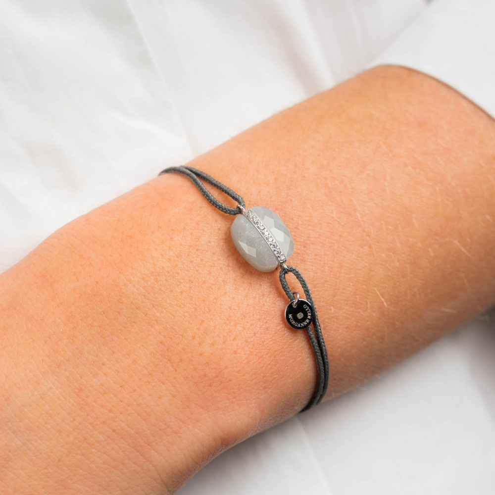 Morgane Bello - GREY MOONSTONE CUSHION AND DIAMONDS WHITE GOLD AND GREY CORD AURORE BRACELET