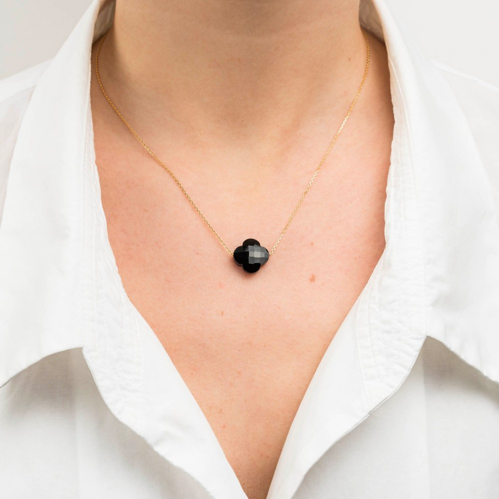 Morgane Bello - ONYX CLOVER WHITE GOLD NECKLACE